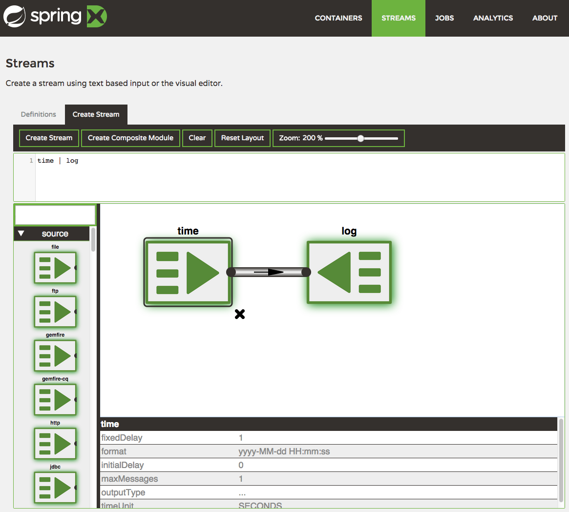 The 'time | log' stream definition in Flo